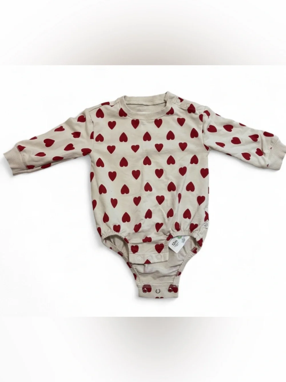 Cream Long-Sleeve Baby Bodysuit with Red Heart Print